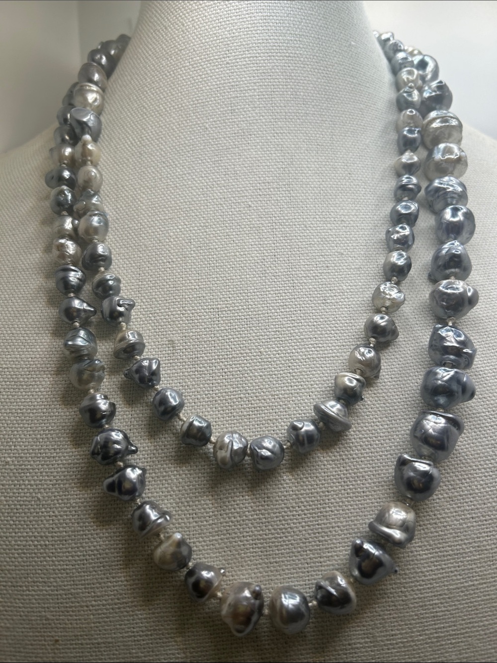 Vintage Gray and Silver Baroque Pearl Double-Strand Necklace